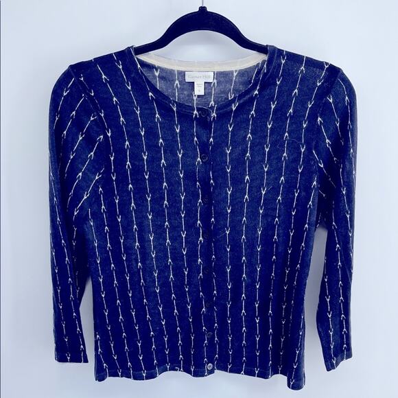 Garnet Hill 100% merino wool arrow indigo print crewneck knit sweater cardigan S - Picture 1 of 6